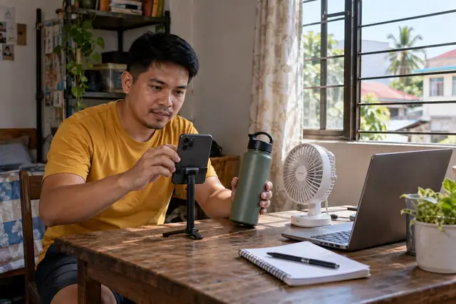 AI-generated scene of a reviewer photographing everyday items for online content in the Philippines