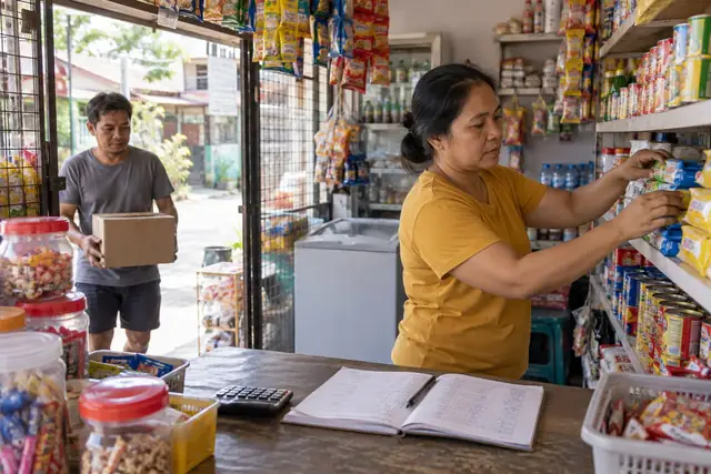 AI-generated scene of a sari-sari store owner restocking her shelves in the Philippines