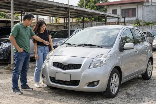 AI-generated scene of a family inspecting an everyday compact car in the Philippines