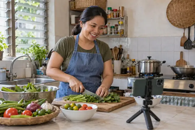 AI-generated scene of a home cook filming a recipe in a modest kitchen in the Philippines