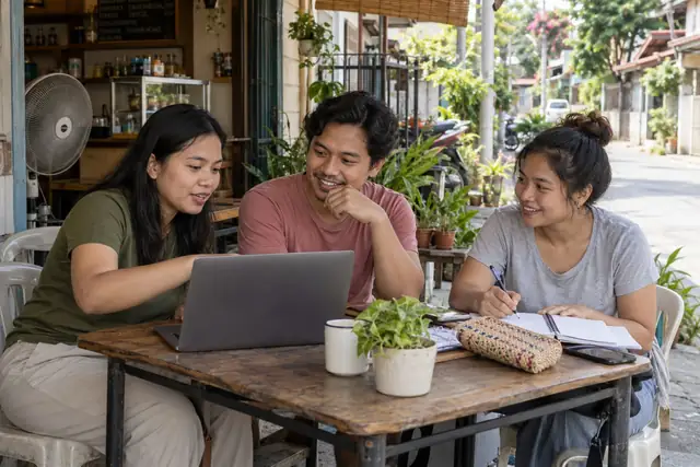 AI-generated scene of friends discussing ways to earn at a neighborhood cafe in the Philippines