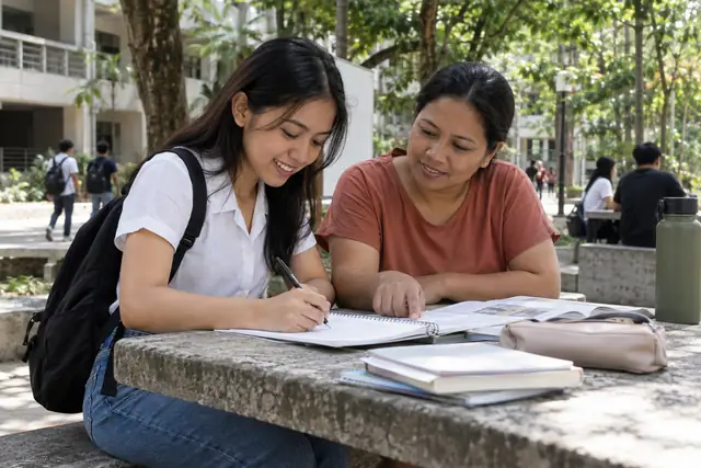 AI-generated scene of an adult student and her mother planning study expenses in the Philippines