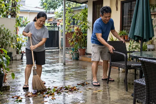 AI-generated scene of neighbors tidying their courtyard after heavy rain in the Philippines