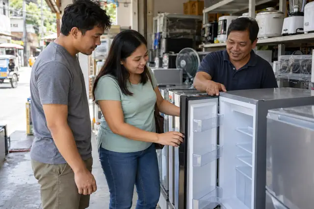 AI-generated scene of a couple comparing appliances in a neighborhood shop in the Philippines