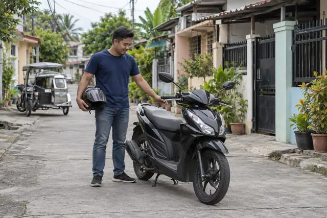 AI-generated scene of a Filipino man with a commuter scooter on a residential barangay lane
