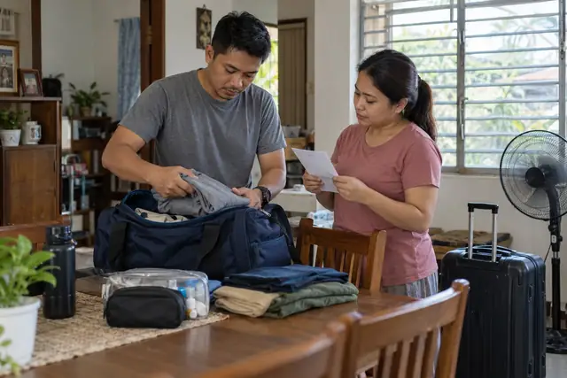 AI-generated scene of a couple preparing luggage for work overseas in the Philippines
