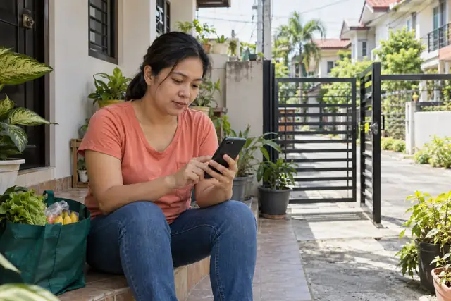 AI-generated scene of a woman checking a phone outside a modest home in the Philippines