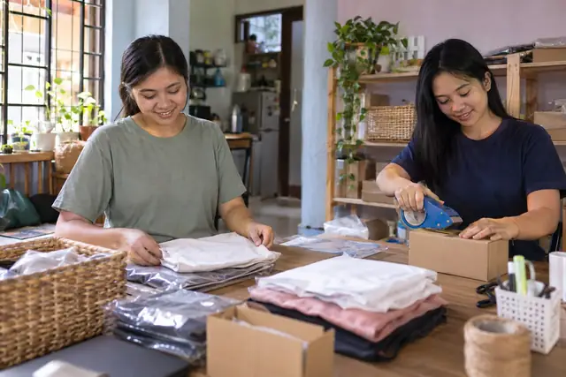 AI-generated scene of two online sellers packing small orders at home in the Philippines