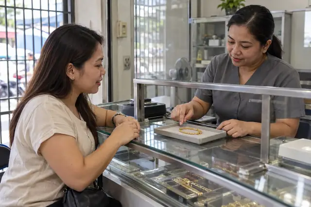 AI-generated scene of a customer discussing a bracelet at a modest pawnshop counter in the Philippines