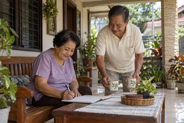 AI-generated scene of an older couple reviewing a household notebook on their porch in the Philippines