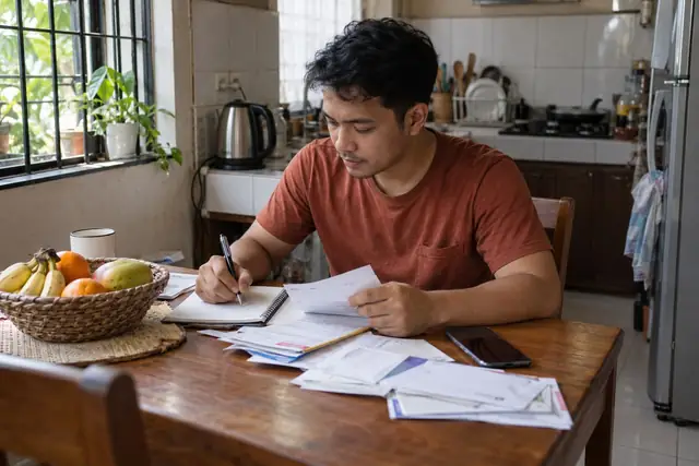 AI-generated scene of a man arranging household bills and a spending list in the Philippines