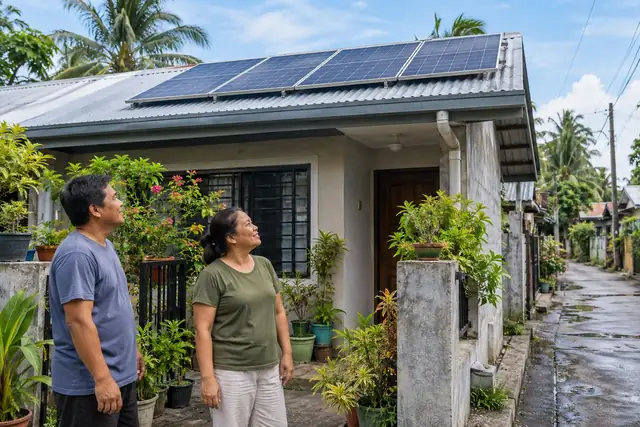 AI-generated scene of homeowners looking at solar panels on a modest house in the Philippines